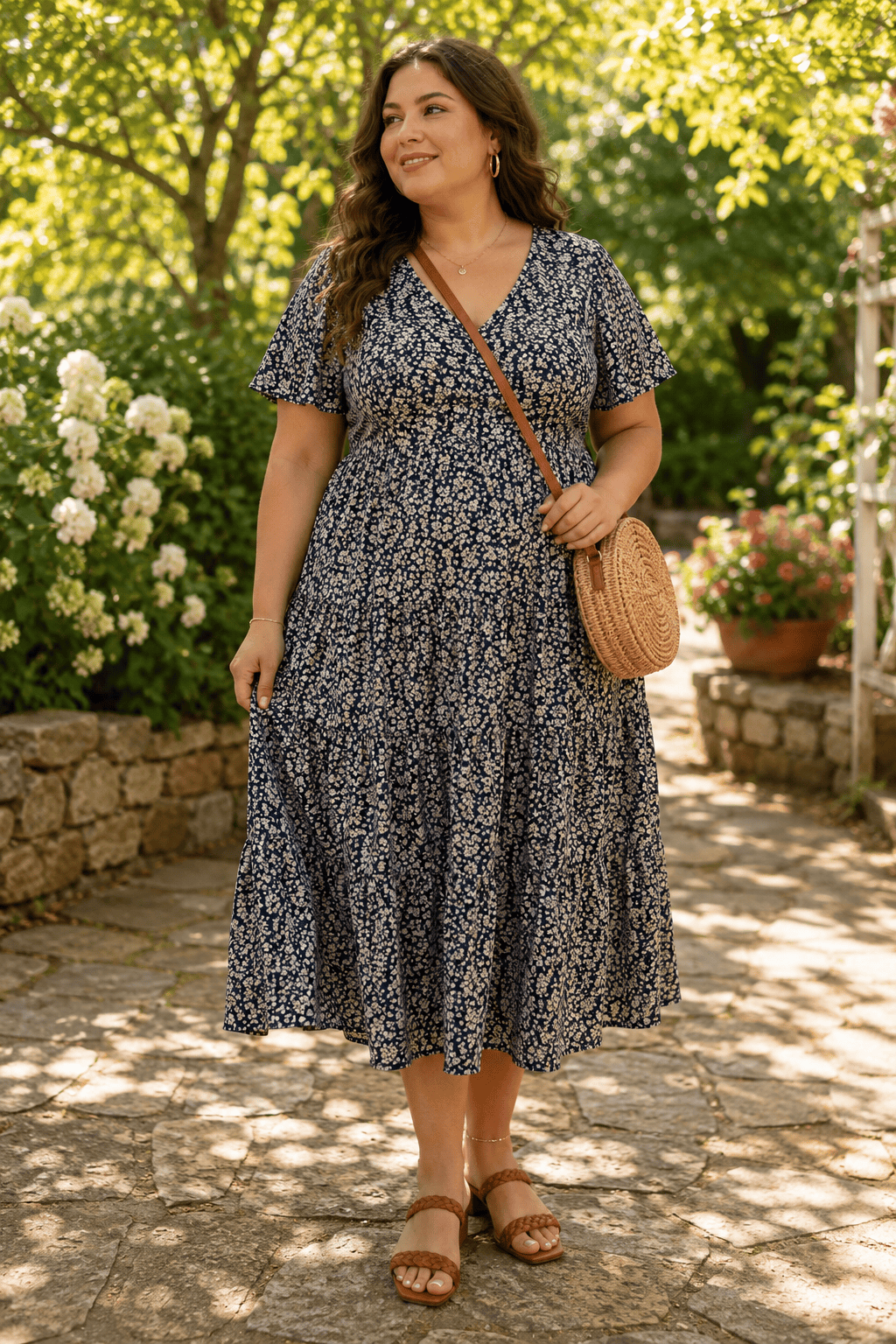 Plus size woman in a floral dress with a crossbody bag outdoors.