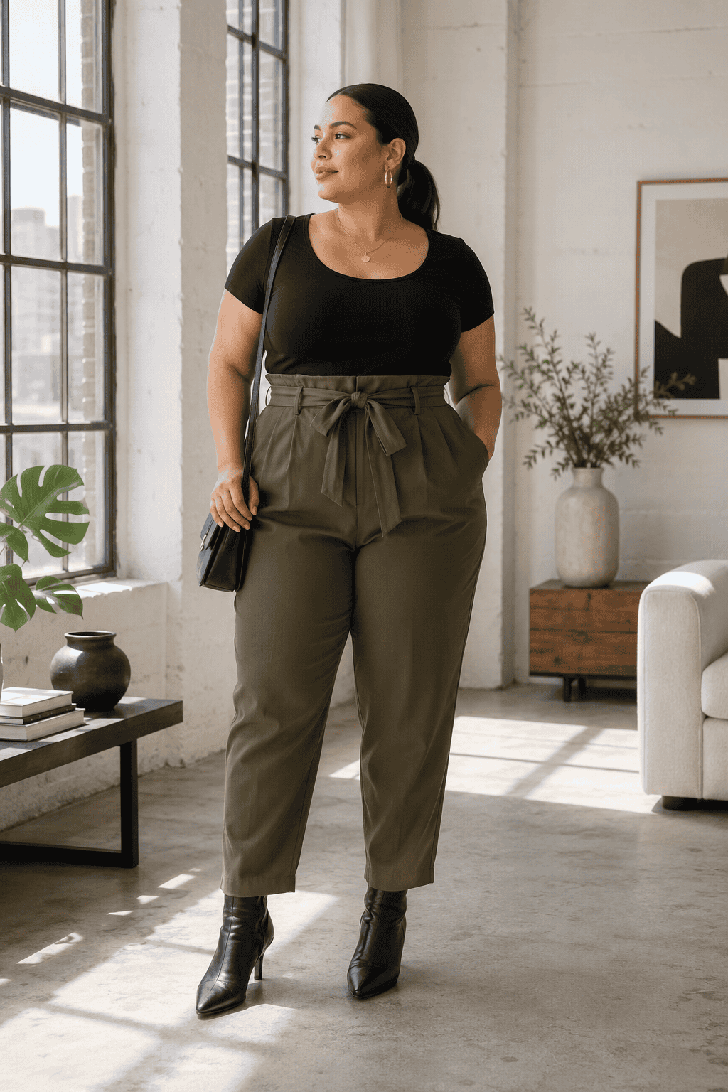 Plus size woman in black top and olive green pants in bright loft space.