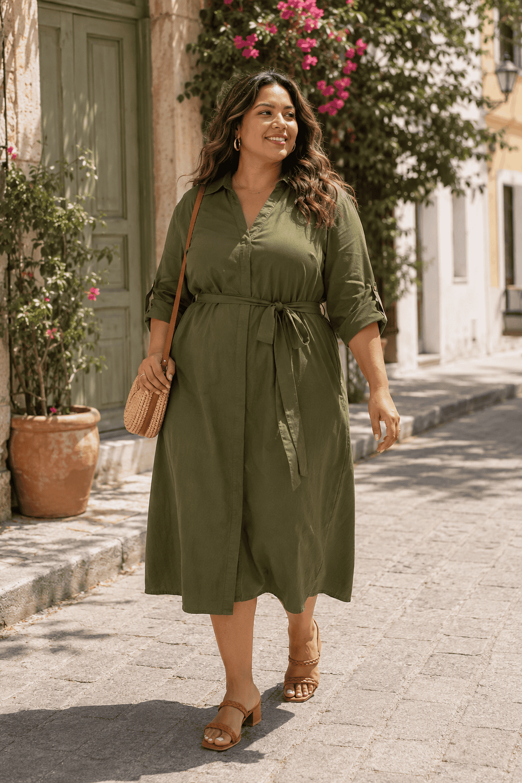 Plus size woman in green dress walking on city street with flowers.