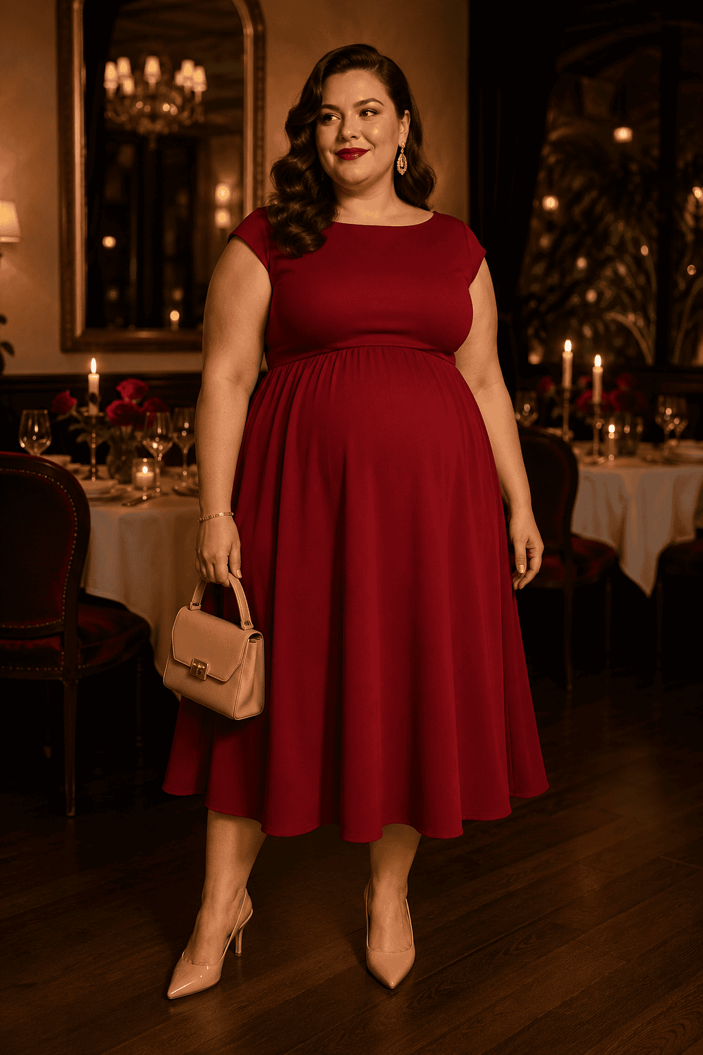 Plus size woman in a red dress at an elegant dinner event.