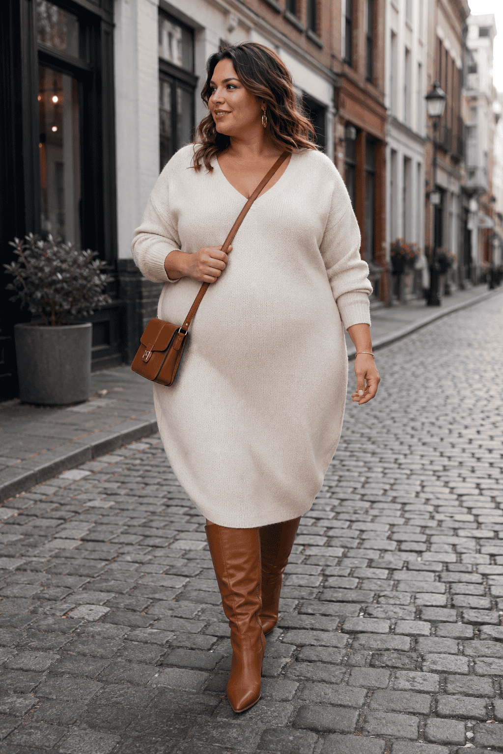 Plus size woman in cozy beige sweater dress and brown knee-high boots walking on city street.