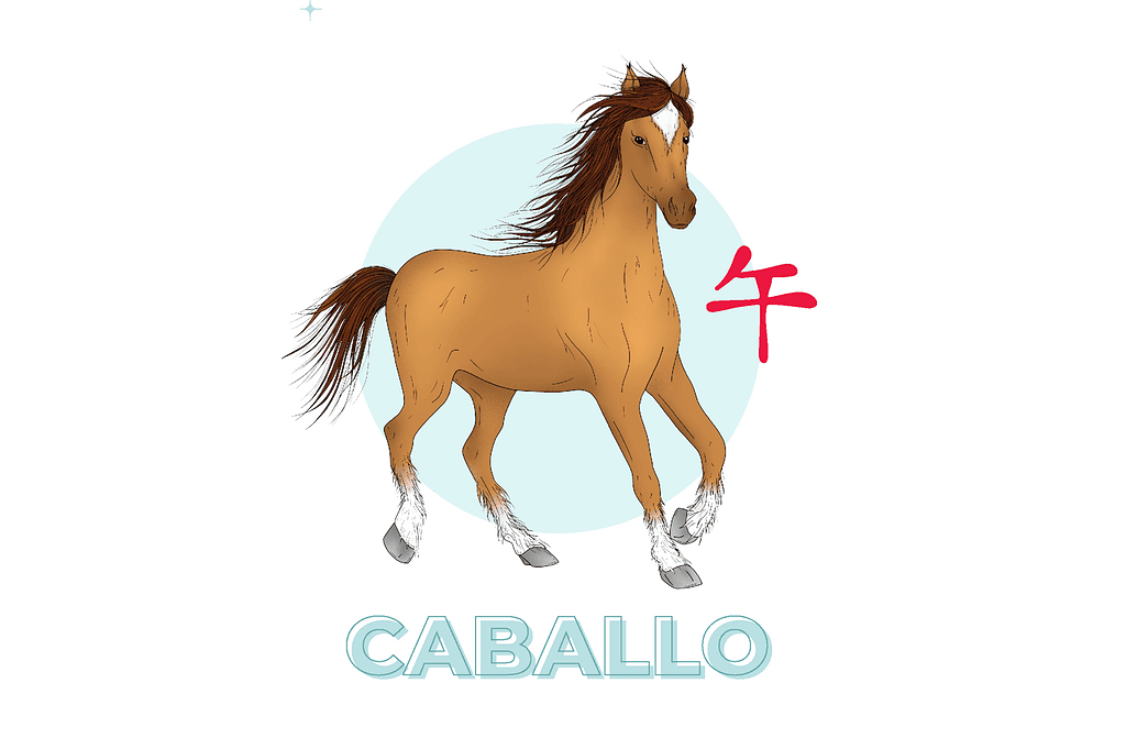 Caballo en movimiento con símbolo chino y texto en español.