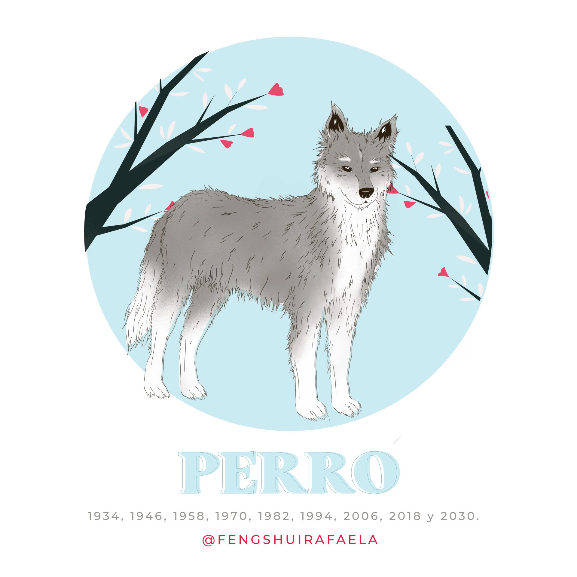Lobo gris en ilustración con árboles y cielo azul, símbolo del signo del perro en la astrología chin.