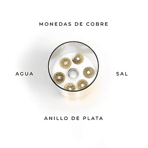 Monedas de cobre con anillo de plata, agua y sal, en un fondo blanco.