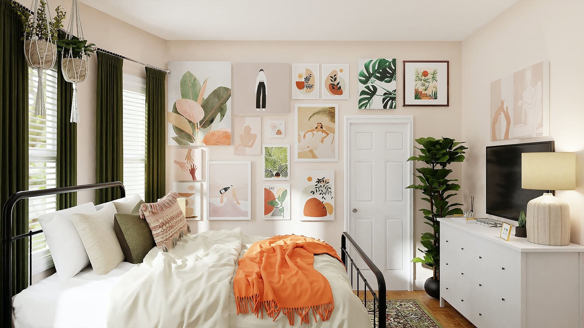 Imagen de un dormitorio decorado con cuadros artísticos y plantas verdes, creando un ambiente armoni.