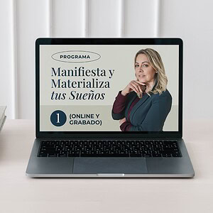 Pantalla de laptop con programa para manifestar y materializar sueños en línea.