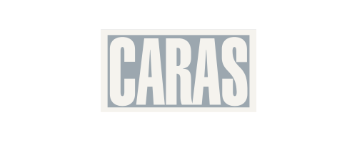 Logo de CARAS en fondo gris y letras blancas grandes.