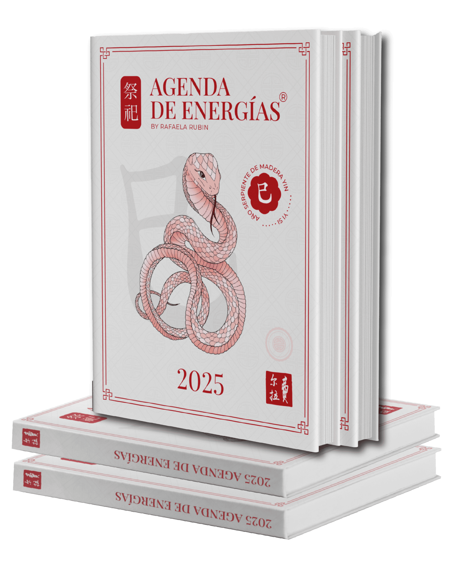 Guía de energías 2025 con símbolo de serpiente y elementos de la cultura china, en formato de agenda.