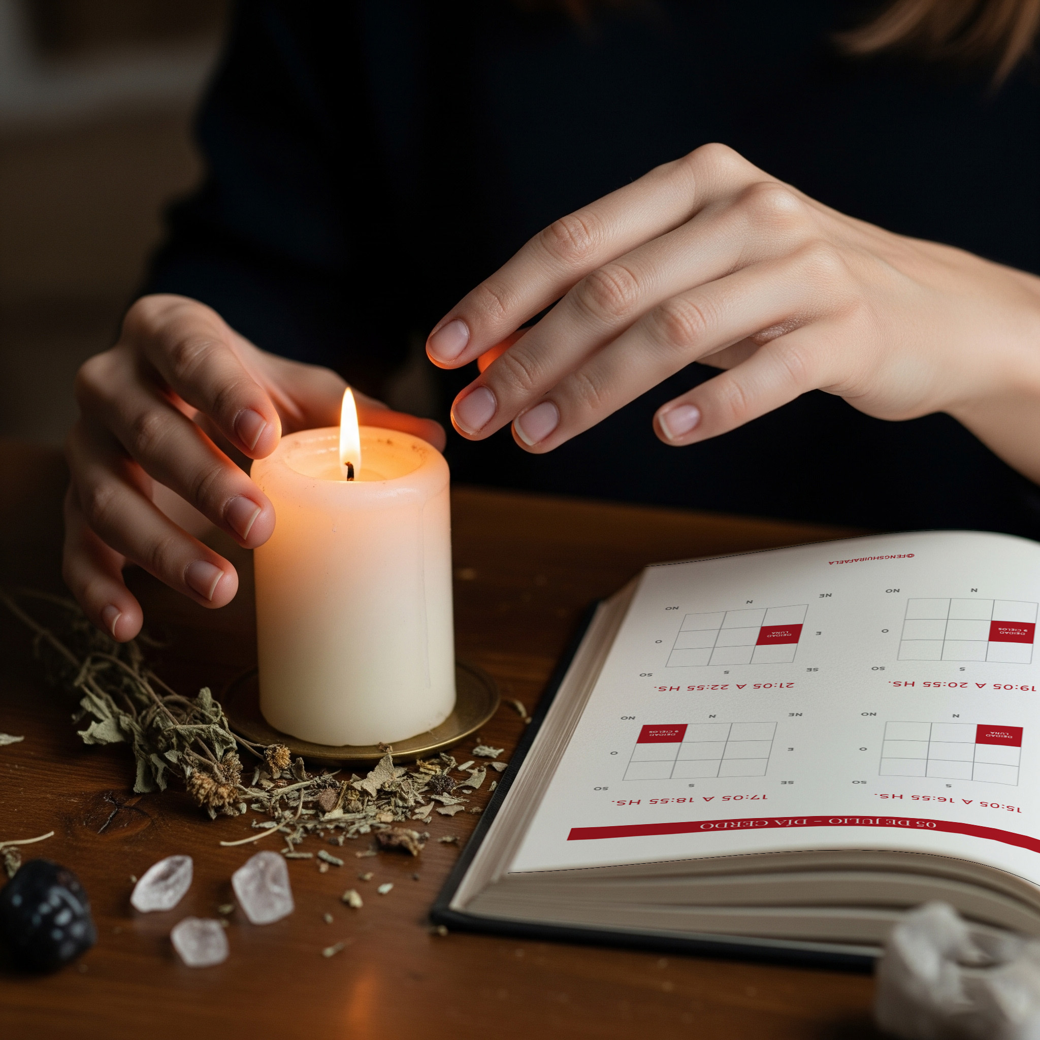 Persona tocando vela y libro de astrología en una mesa, ambiente de meditación y espiritualidad.
