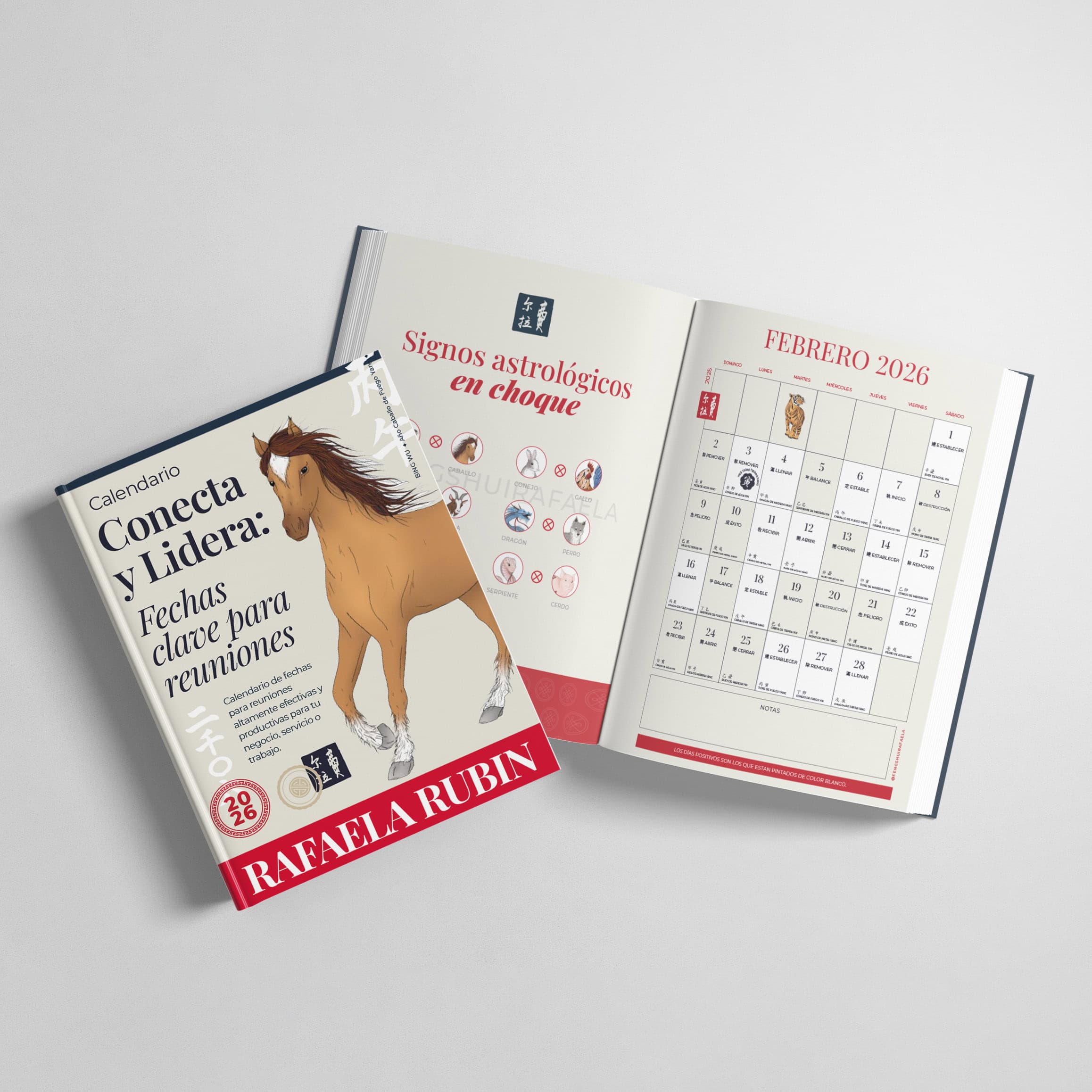 Calendario de 2026 con ilustración de caballo y signos astrológicos en español.