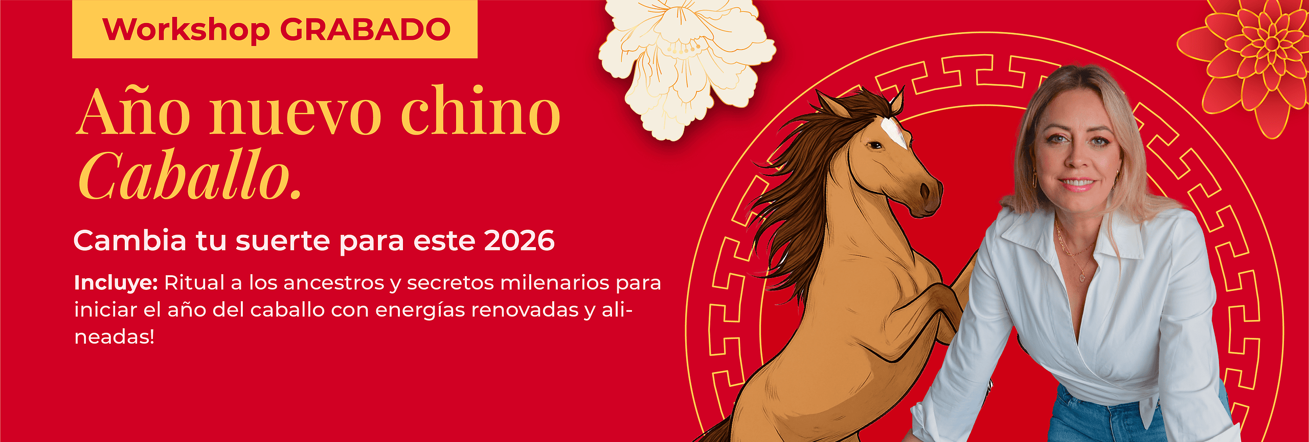 Taller grabado de Año Nuevo Chino con mujer y caballo en diseño rojo y dorado.