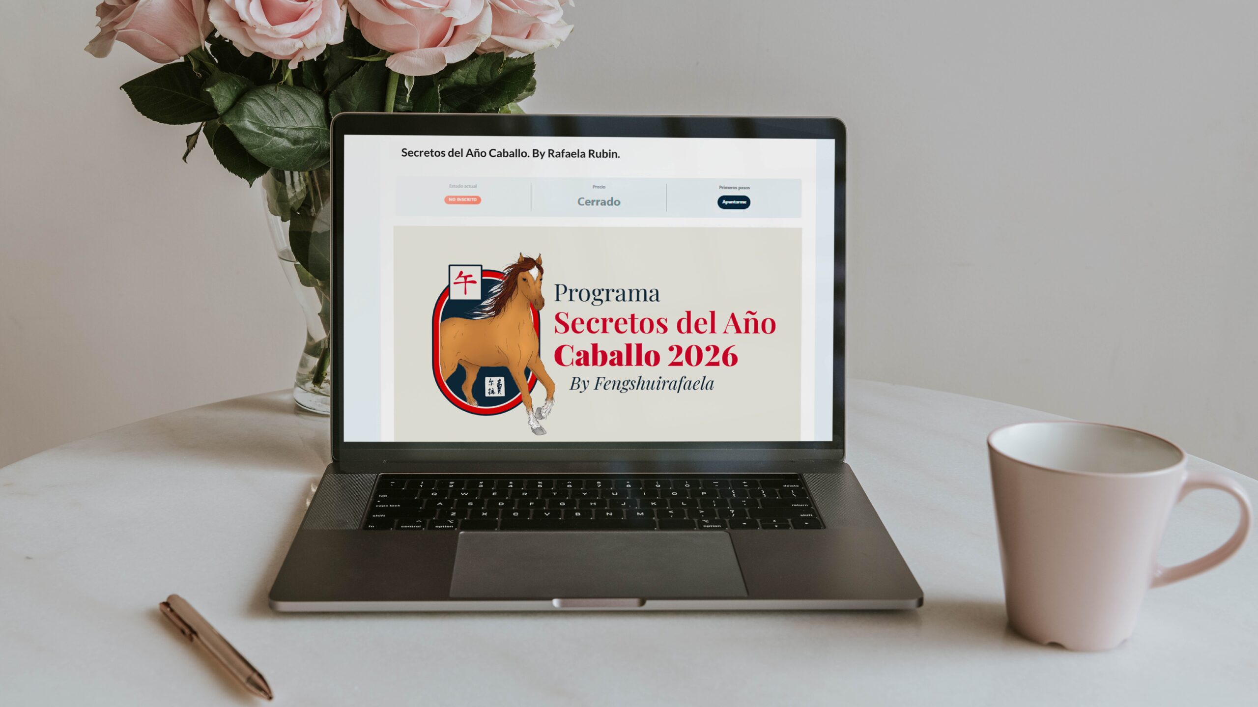 Asunto en la pantalla de la laptop con el texto "Programas Secretos del Año Caballo 2026".