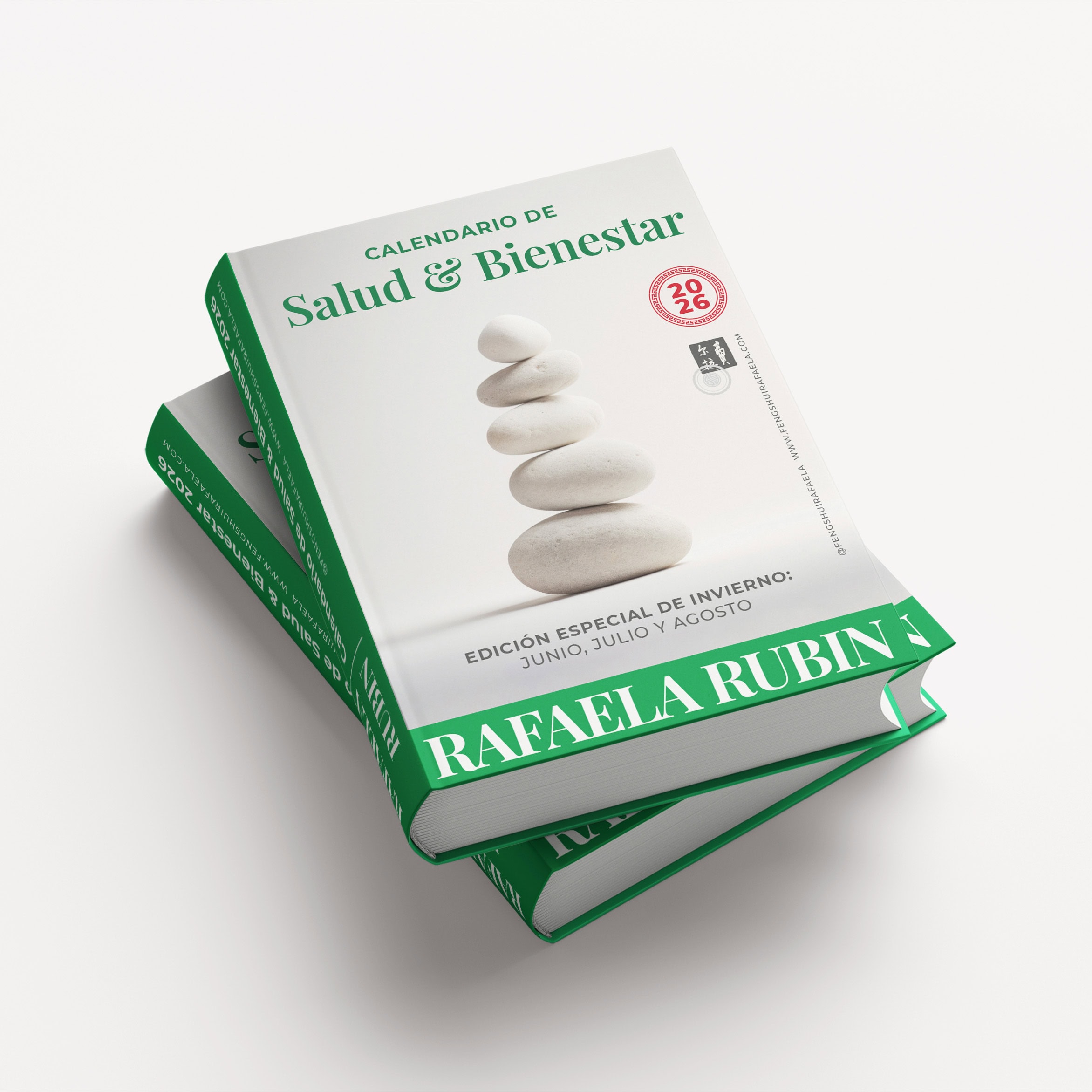 Calendario de salud y bienestar 2026 con diseño minimalista y piedras apiladas en portada.