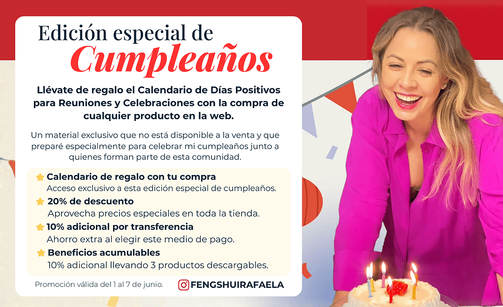 Pastel de cumpleaños con velas y mujer sonriendo, promoción especial de cumpleaños en redes sociales.
