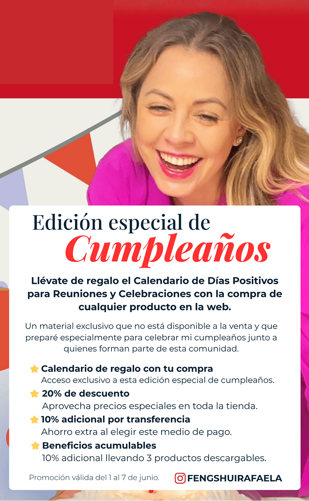 Celebración de cumpleaños con mujer sonriendo y promoción de calendario de días positivos.