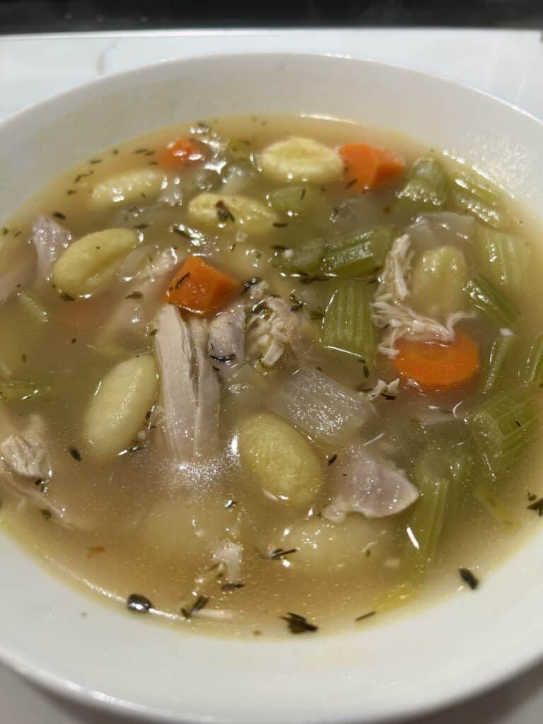 Picture of a bowl of chicken gnocchi noodle soup.