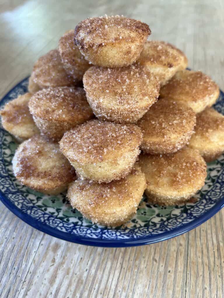 Picture of a plate of Baked Apple Cinnamon Doughnut Holes on a blue plate.