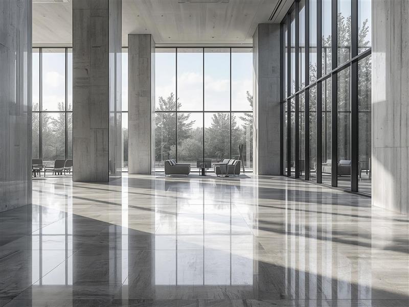 Spacious, modern lobby with tall glass windows, marble floors, and columns. Natural light fills the space, highlighting seating areas with armchairs and trees visible outside.