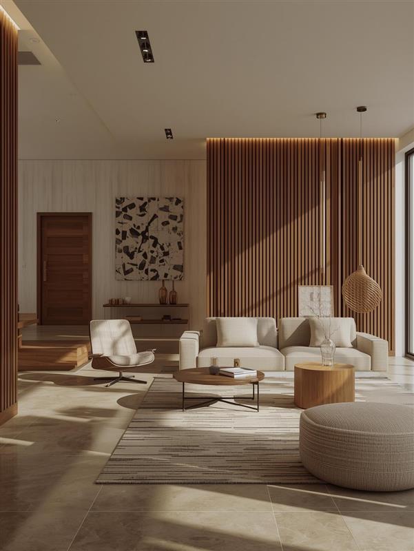 A modern living room with neutral tones, featuring a beige sofa, armchair, round ottoman, striped rug, wooden slat walls, abstract artwork, and natural light streaming through large windows.