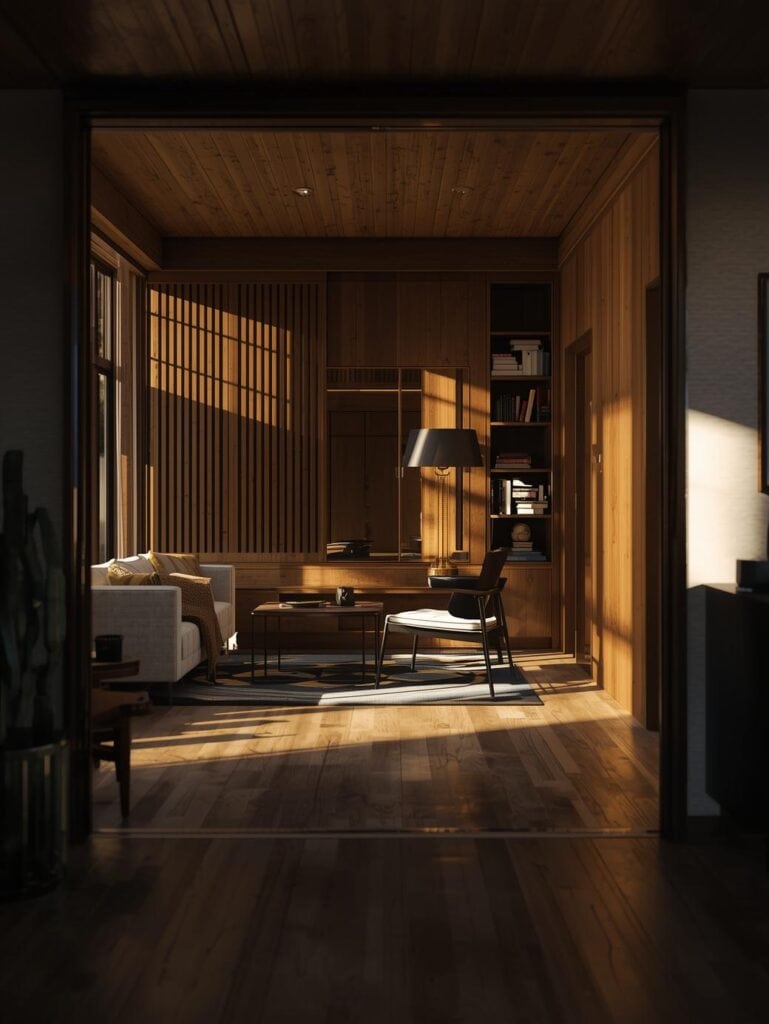 Sunlight streams into a cozy, modern living room with wood-paneled walls, a white sofa, a wooden coffee table, a black armchair, built-in shelves, and a floor lamp, creating a warm, inviting atmosphere.