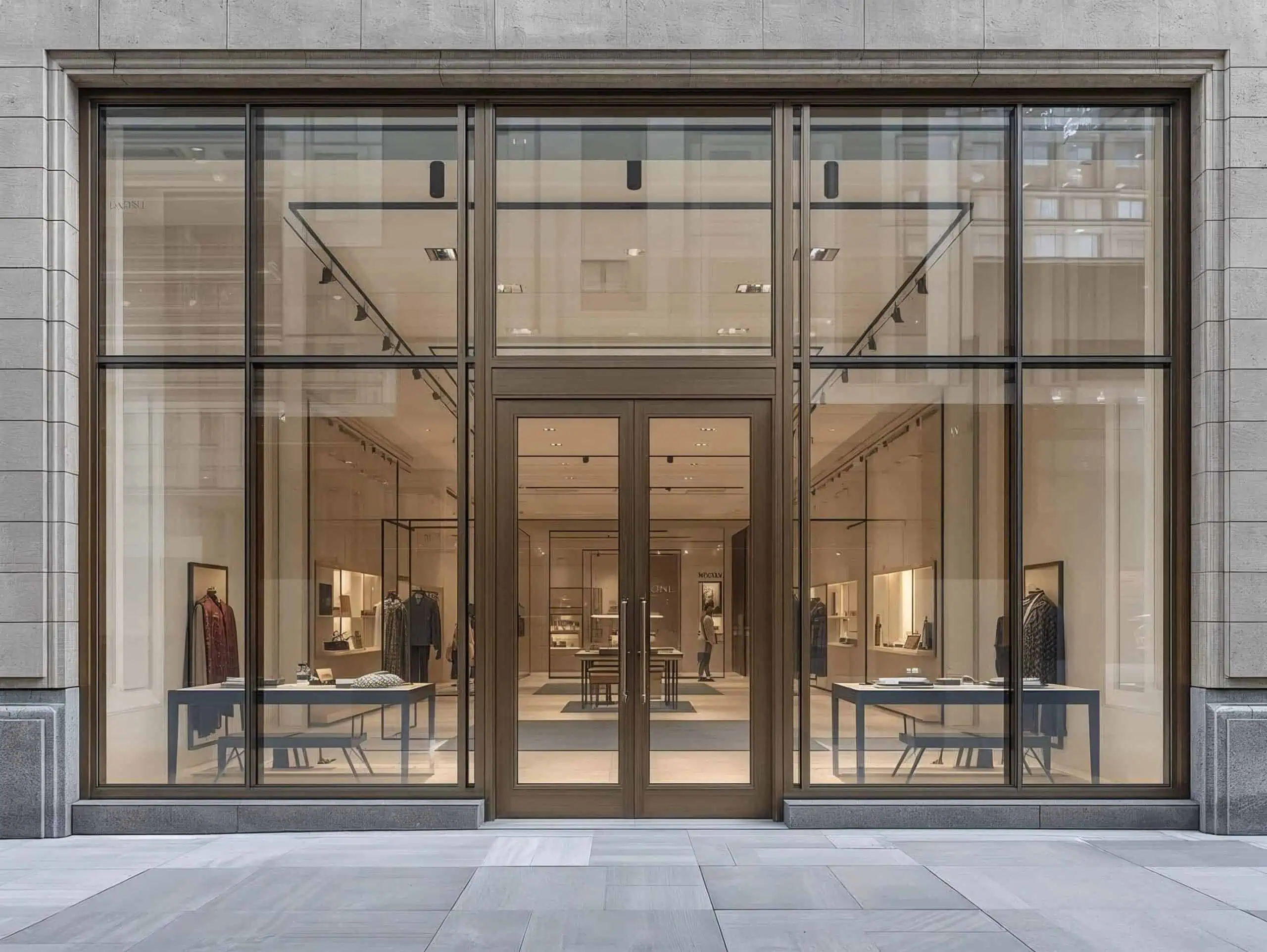 A modern clothing store with large glass windows and doors, showcasing minimalist interior decor, clothing racks, and display tables with folded clothes, viewed from the outside on a paved sidewalk.