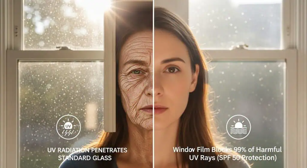 A split image shows an older, sun-damaged face on the left labeled UV RADIATION PENETRATES STANDARD GLASS and a young, smooth face on the right labeled Window Film Blocks 99% of Harmful UV Rays (SPF 50 Protection).