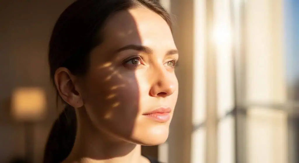 A woman gazes thoughtfully out a sunlit window, with light and shadow patterns falling across her face, highlighting her serene expression.