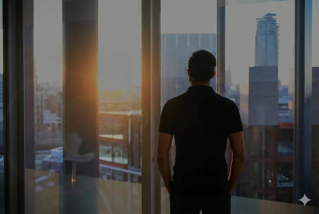 A person stands indoors facing large windows, looking out at a cityscape during sunset. Tall buildings and a soft, warm glow from the setting sun are visible outside.