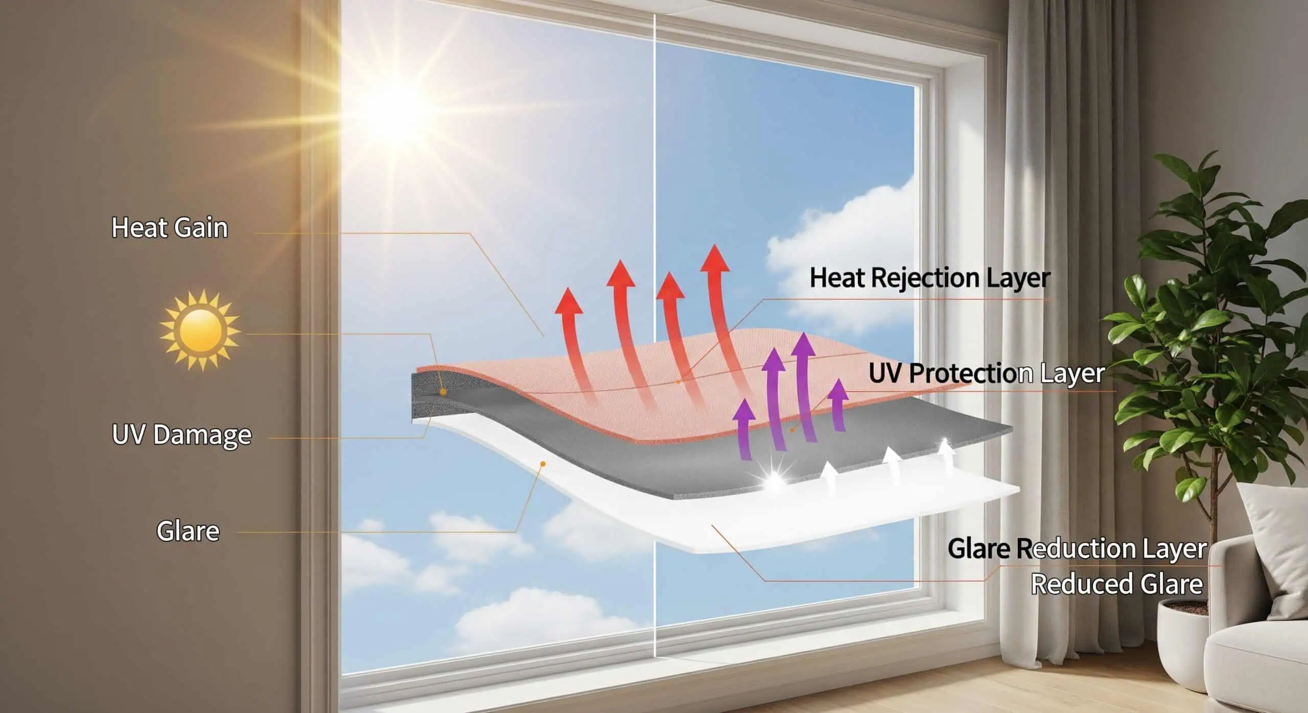 Bright interior room with sunlight creating heat and glare through large windows