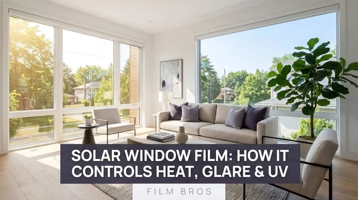 A bright, modern living room with large windows letting in sunlight. Text overlay reads: Solar Window Film: How It Controls Heat, Glare & UV. Film Bros.