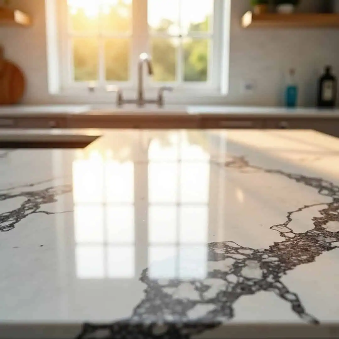 A marble kitchen countertop with dark veining is shown in soft sunlight, with a blurred background of a sink, window, and shelves.