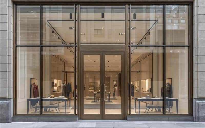 A modern clothing store with large glass windows and doors, showcasing neatly arranged racks and tables with clothing inside, and a clean, minimalist interior design.