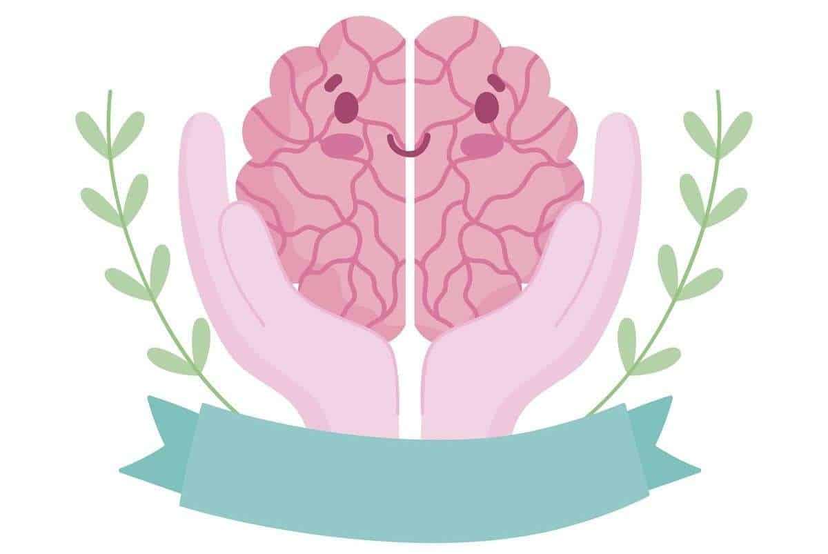 Cerebro con manos y ramas verdes, ilustración minimalista.