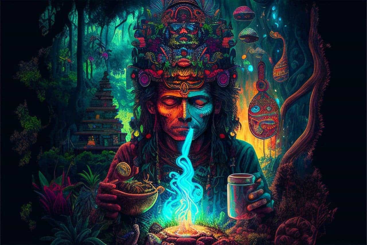 Filósofo indígena con ceremonia ancestral en una selva mística y colorida.