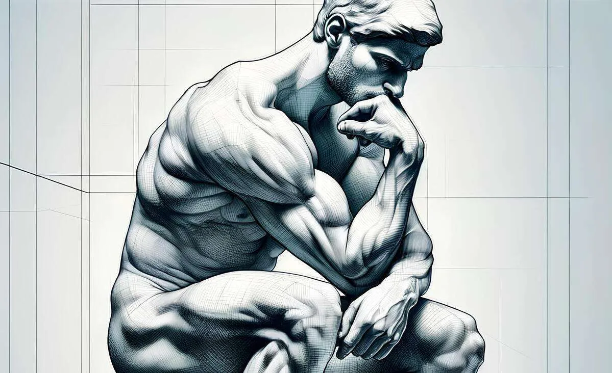 Pensador en una postura clásica de reflexión, con estilo artístico y detalles en tonos blancos y grises.