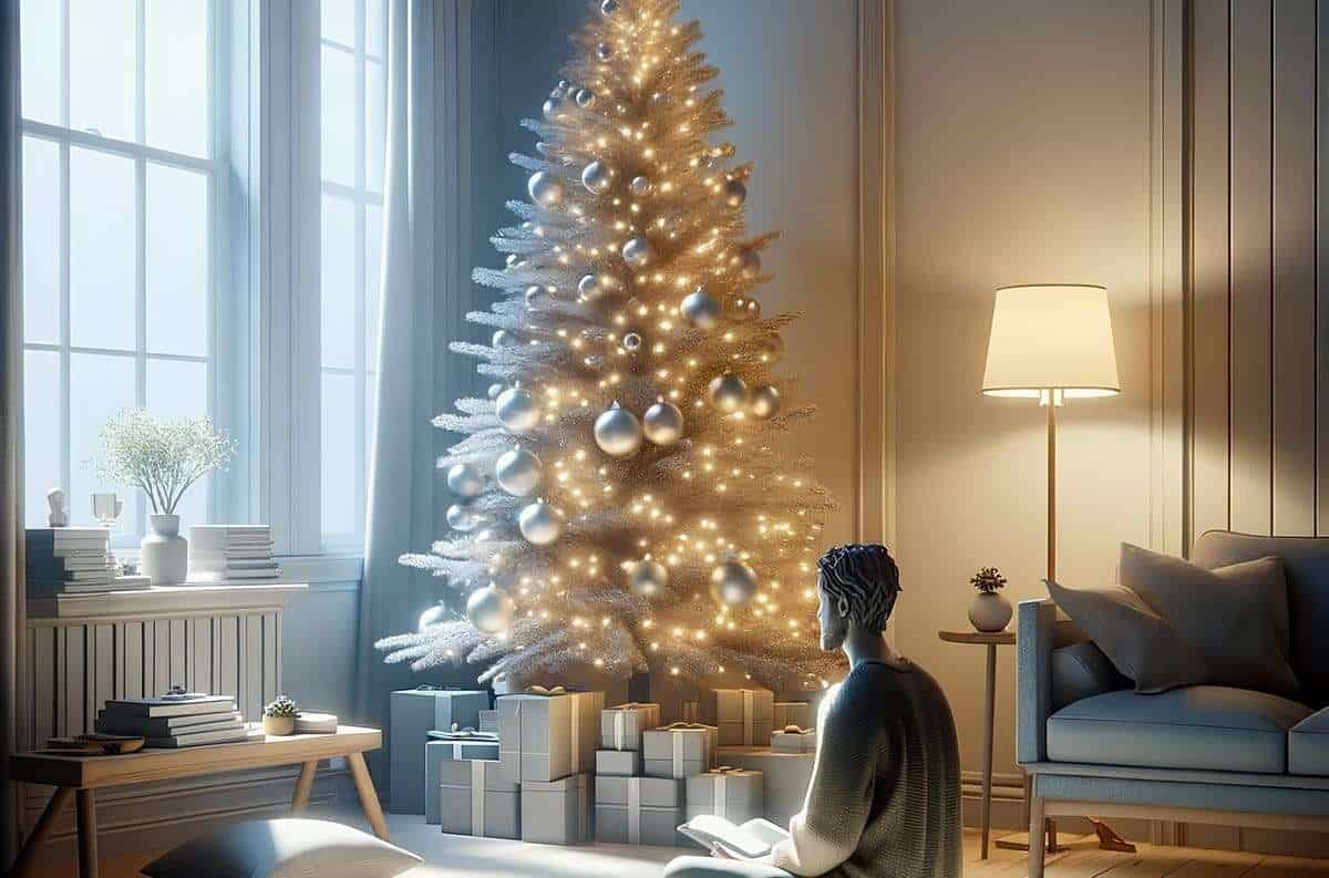 Árbol de Navidad decorado con luces y adornos plateados en un salón festivo elegante.