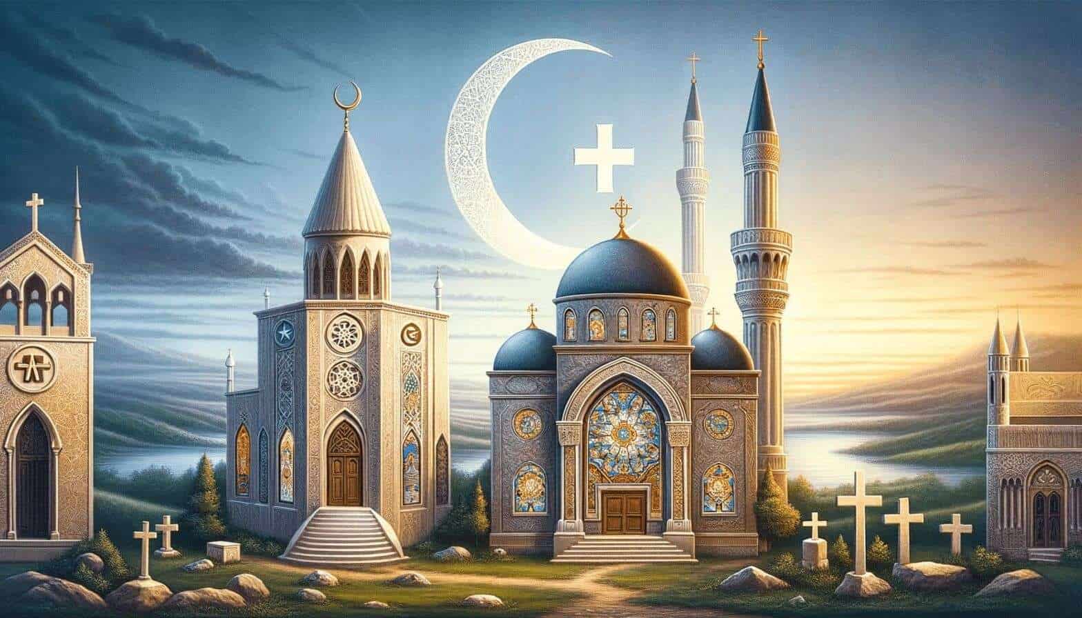 Catedrales y mezquitas bajo un cielo con luna y cruz, simbolizando distintas religiones y la diversidad espiritual.