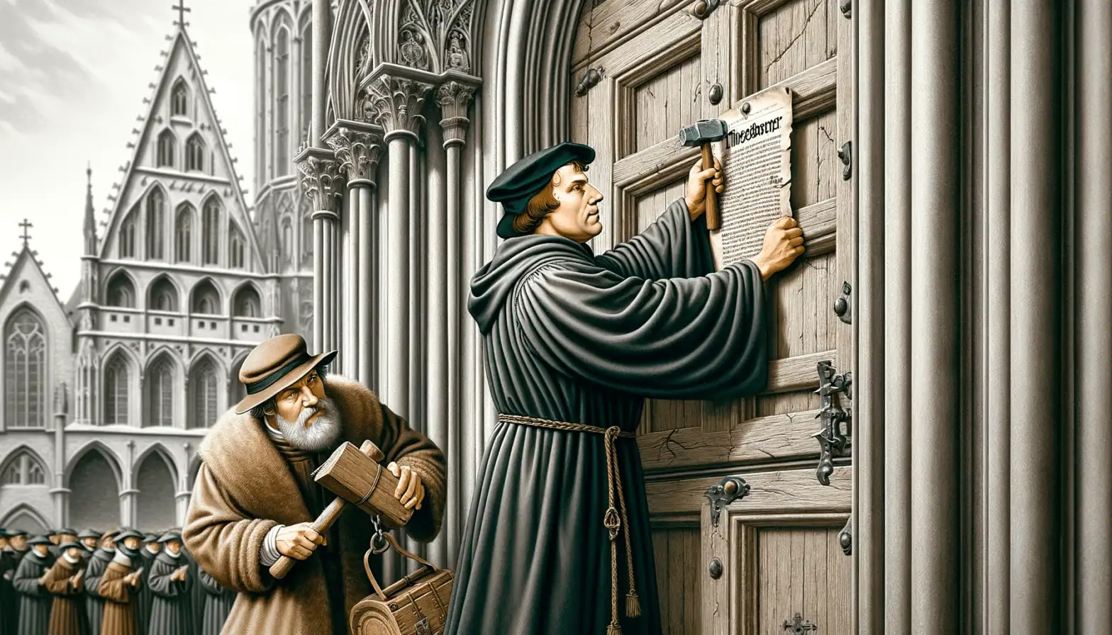 Filósofo medieval clavando un manuscrito en una puerta de piedra.