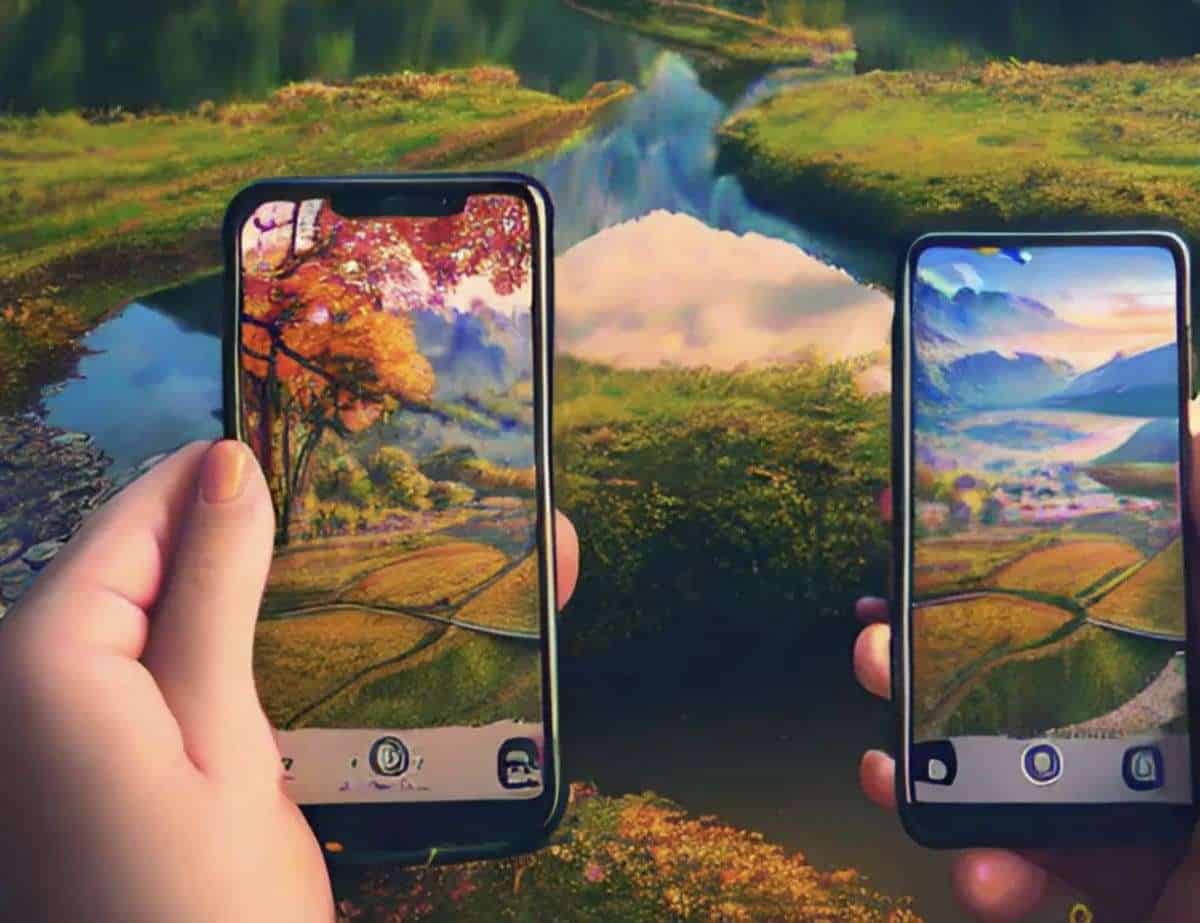 Paisajes reflejados en teléfonos móviles capturan la belleza natural.