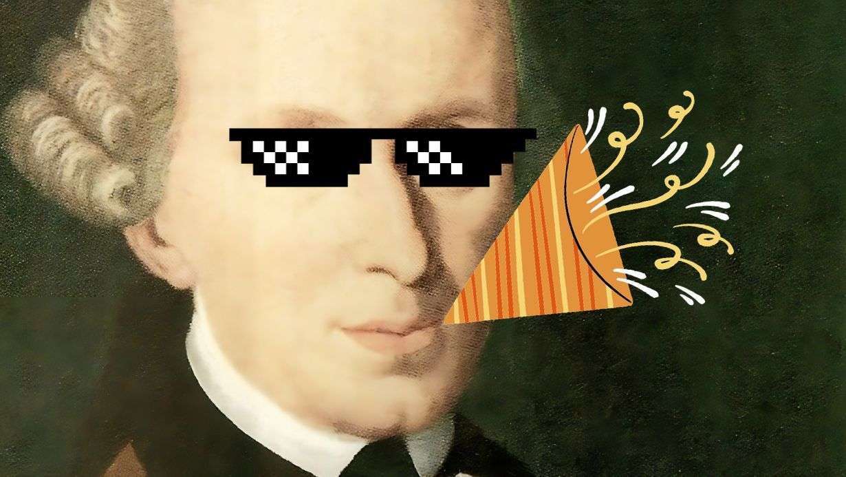 Cara de una figura histórica con gafas de sol estilo "de meme" y una explosión cómica en la boca.