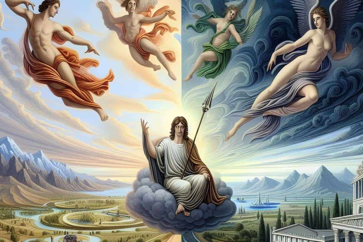 Filósofo en una nube rodeado de dioses y paisajes mitológicos en una obra de arte clásica.