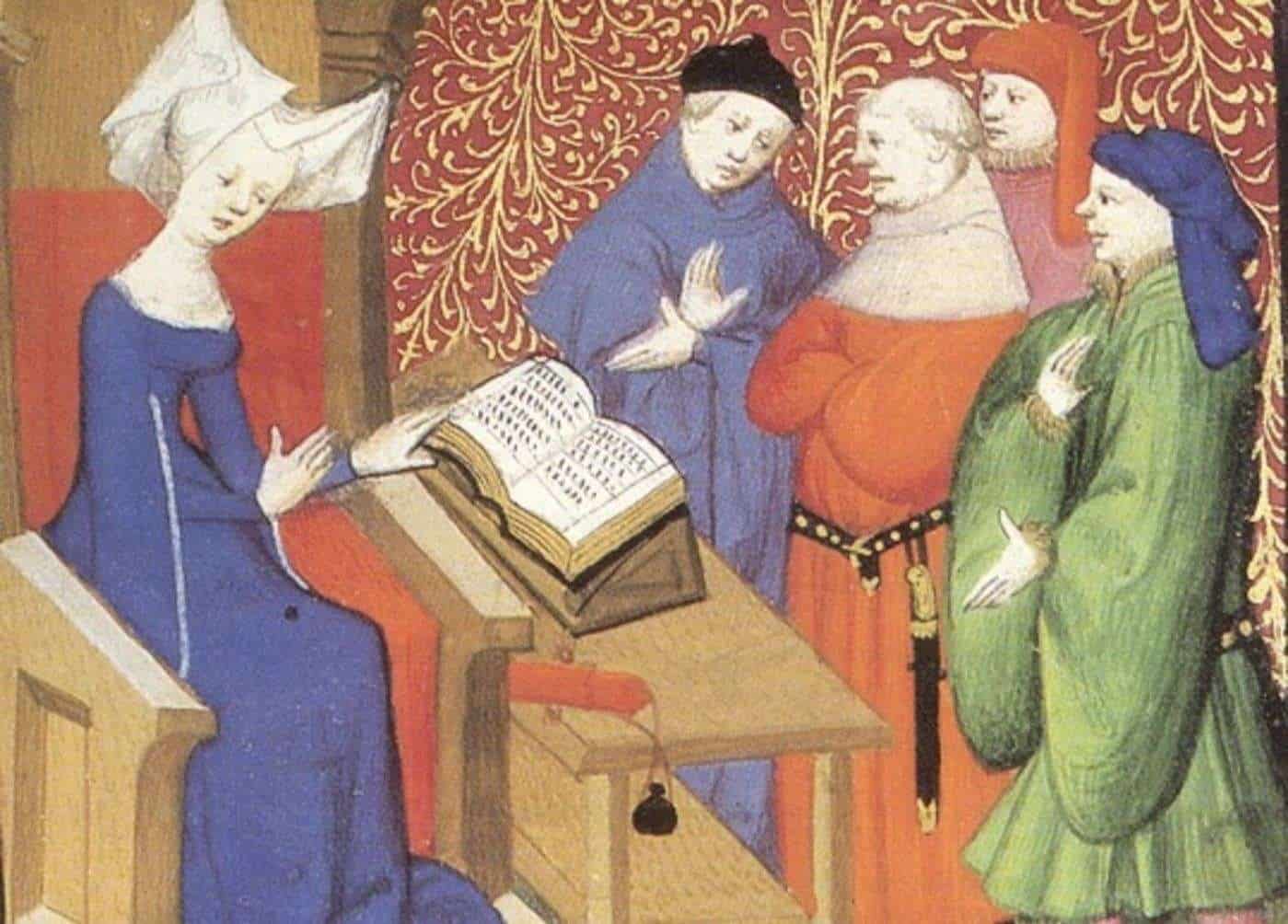 Filósofo medieval enseñando a estudiantes en un entorno académico histórico.