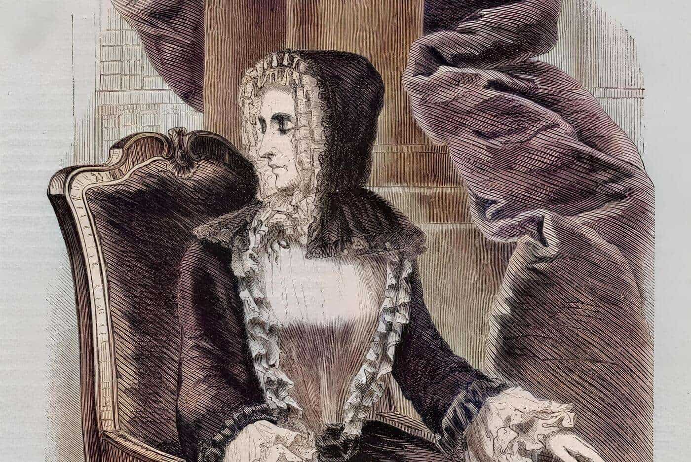 Filósofa vestida con ropa de época en un retrato clásico, sentada en una silla elegante y reflexiva.