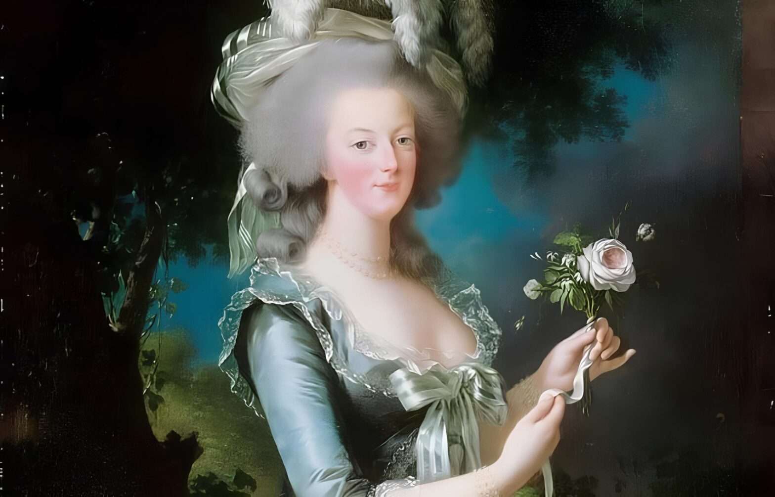 Retrato de una mujer con cabello adornado y vestido elegante, sosteniendo un ramo de flores, en un estilo clásico y pintoresco.