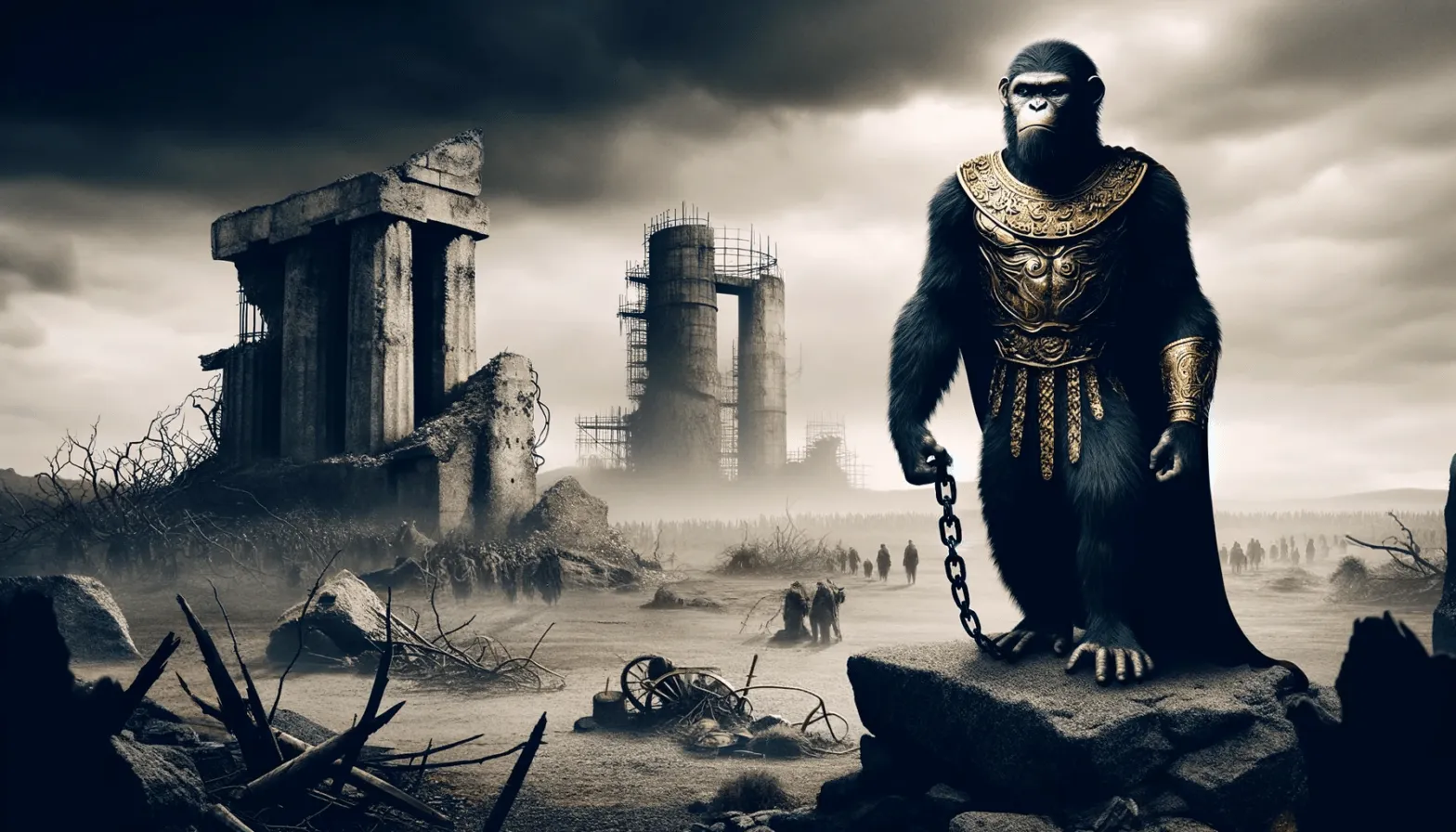 Ancestro chimpancé con armadura antigua en un paisaje post-apocalíptico con ruinas y ciudades en construcción.