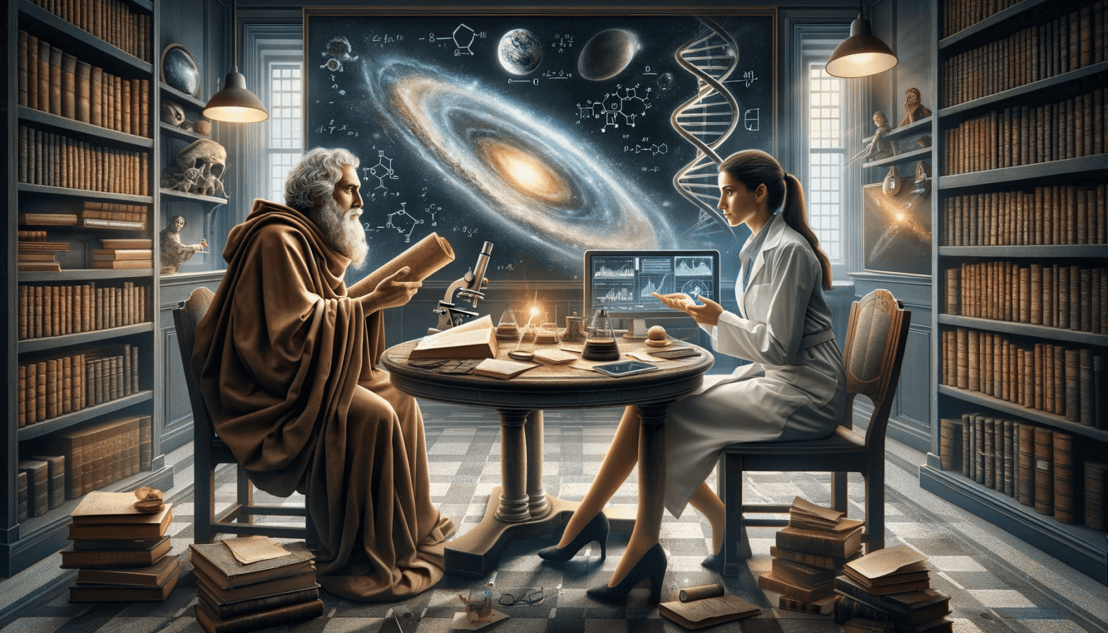Filósofo y científica debatiendo en una biblioteca con galaxia y ADN en el fondo.