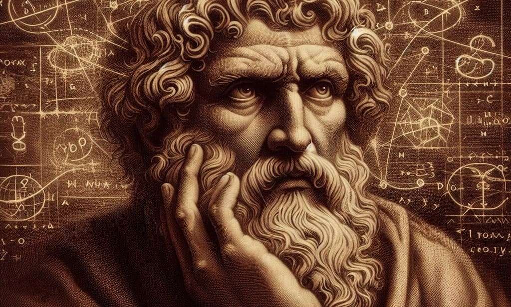 Filósofo clásico con fondo de esquemas y gráficos filosóficos y científicos.