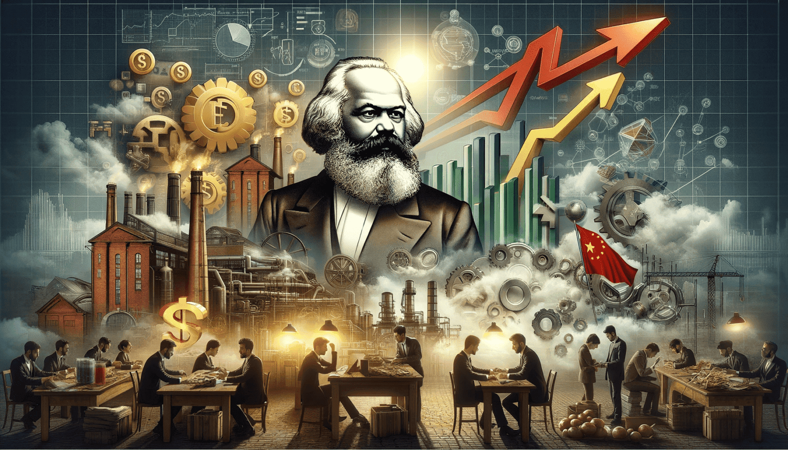 Innovador collage de filosofía, economía y sociedad con Karl Marx y elementos industriales, gráficos y tecnológicos.