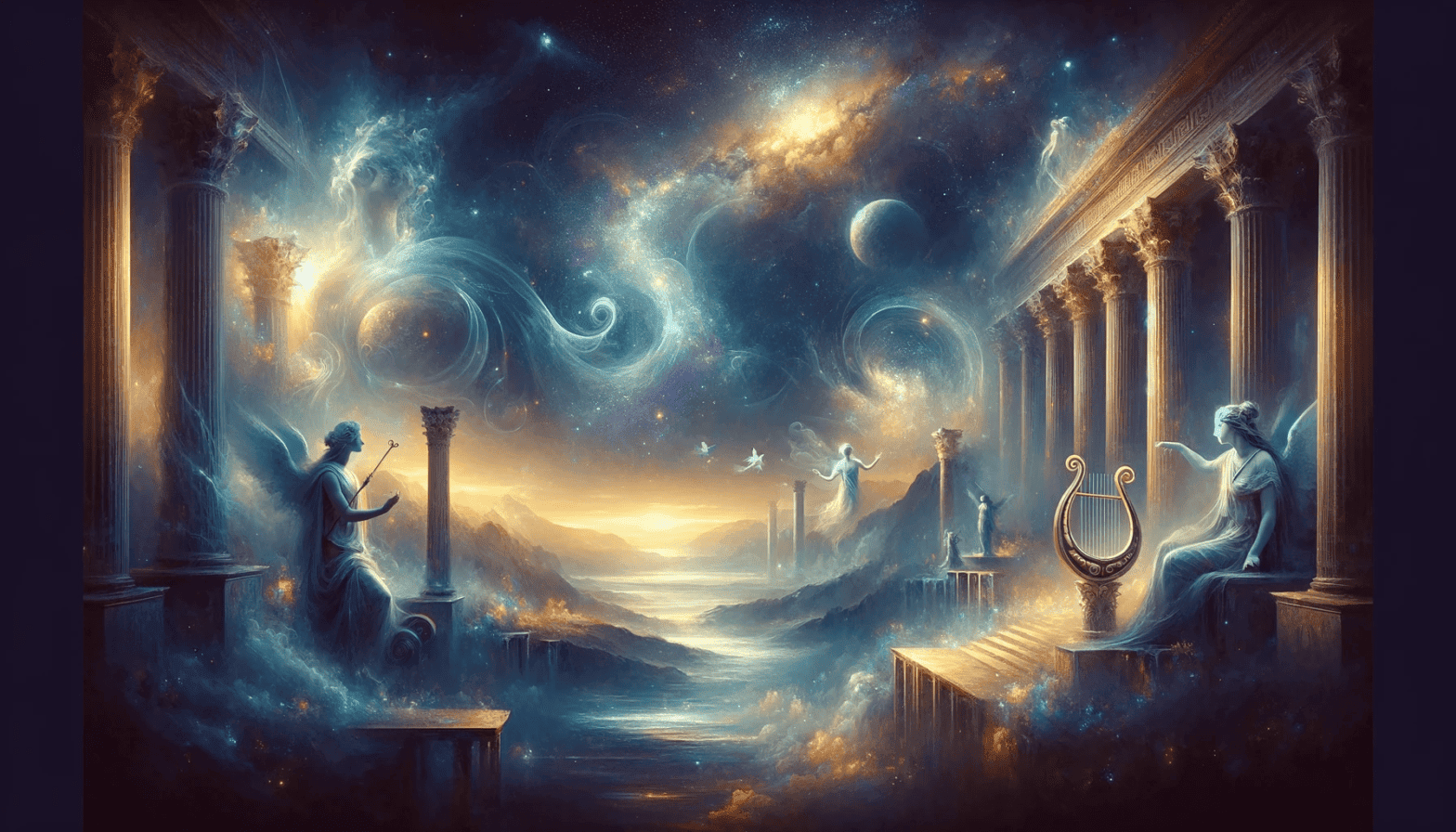 Filósofos en un paisaje celestial con columnas y galaxias, símbolo de reflexión y sabiduría en filosofía.