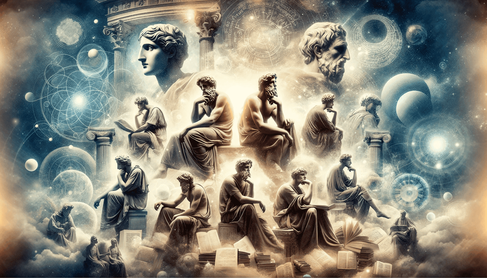 Filosofía en la nube con estatuas y elementos cósmicos, representando el pensamiento filosófico y la búsqueda de conocimiento.
